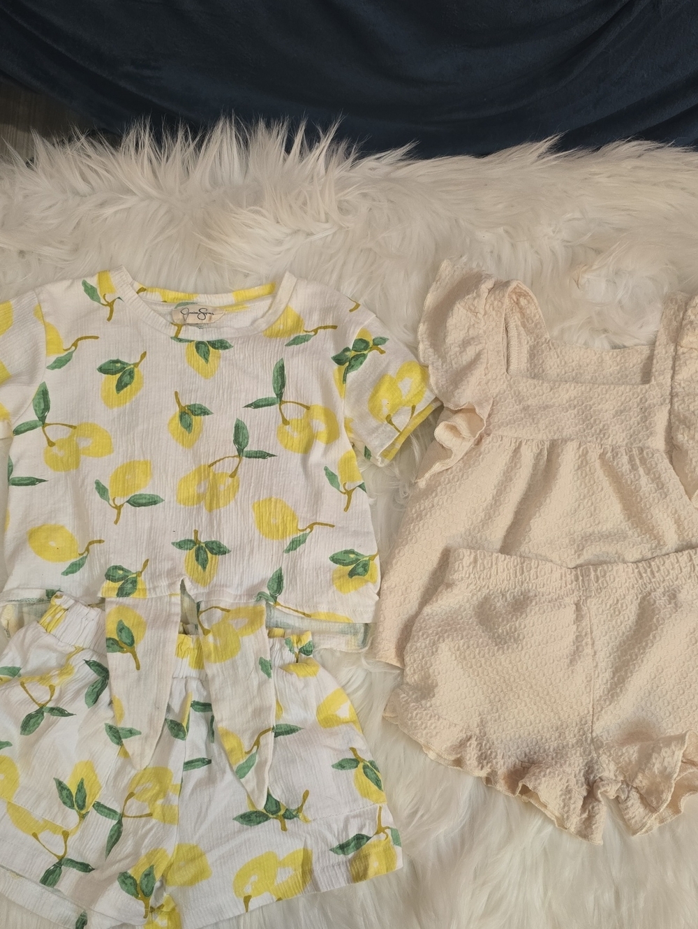 Girls Lemon Print Short Set & Cream Textured 2 Piece Set